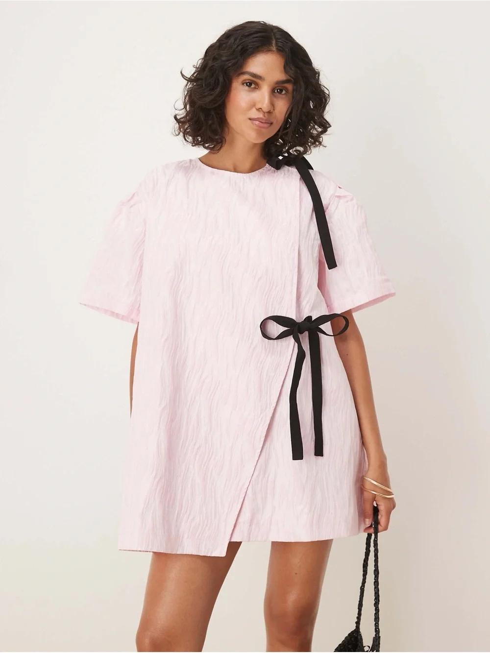 NWT GHOSPELL Contrast Bow Pink Mini Dress  Size Large